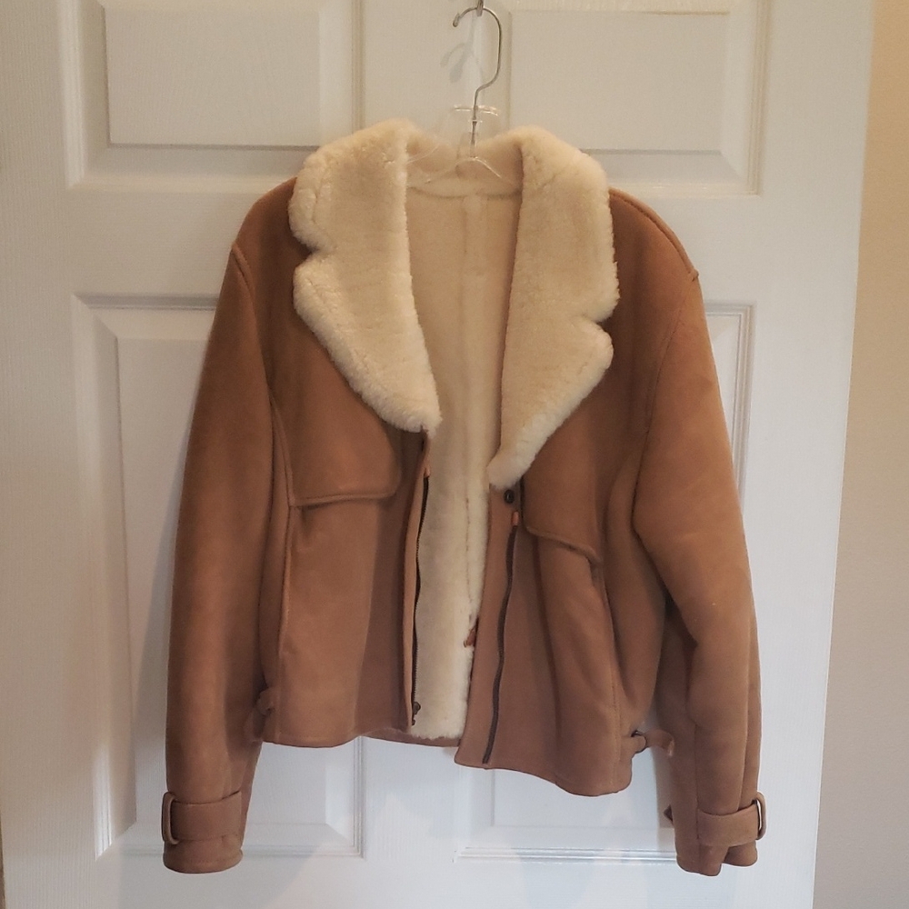 Womens Tan 100% Shearling-Lined bomber style Leather Jacket